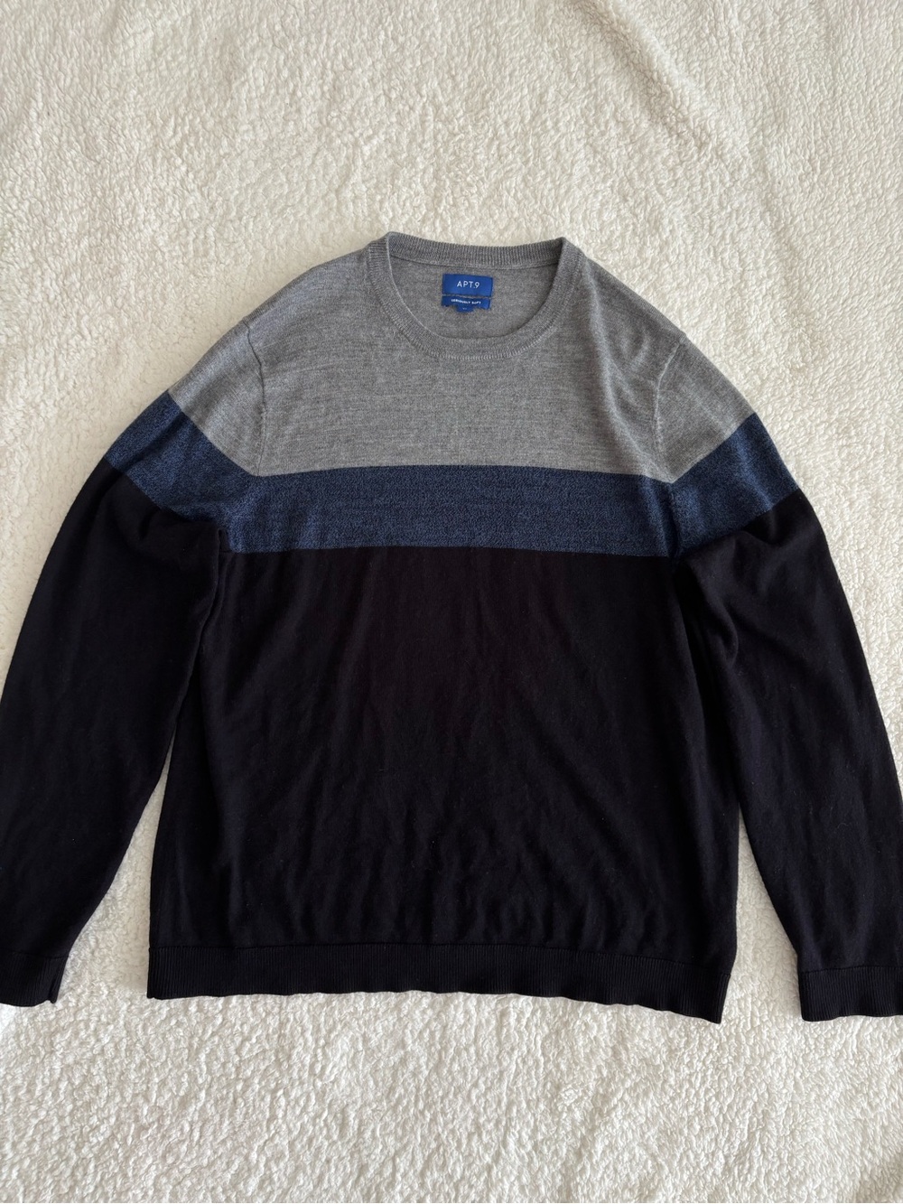 APT.9 Men’s XL Merino Wool Colorblock Crewneck Sweater Gray Navy Black Pullover